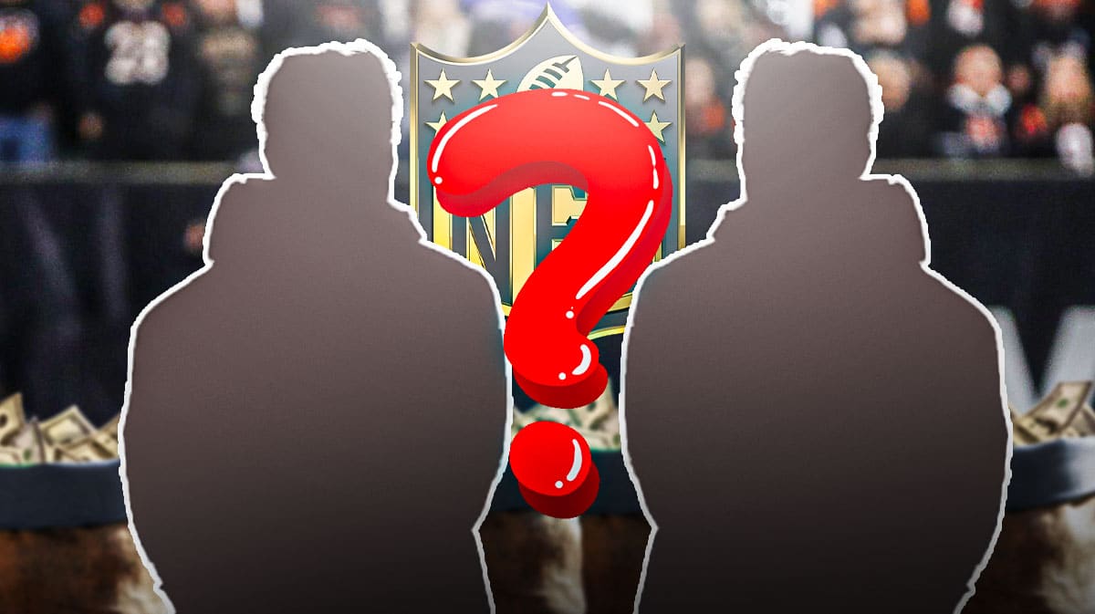 Two silhouettes of men with big question mark emojis inside. They are surrounded by money bag emojis and question mark emojis. There is also a logo for the NFL.
