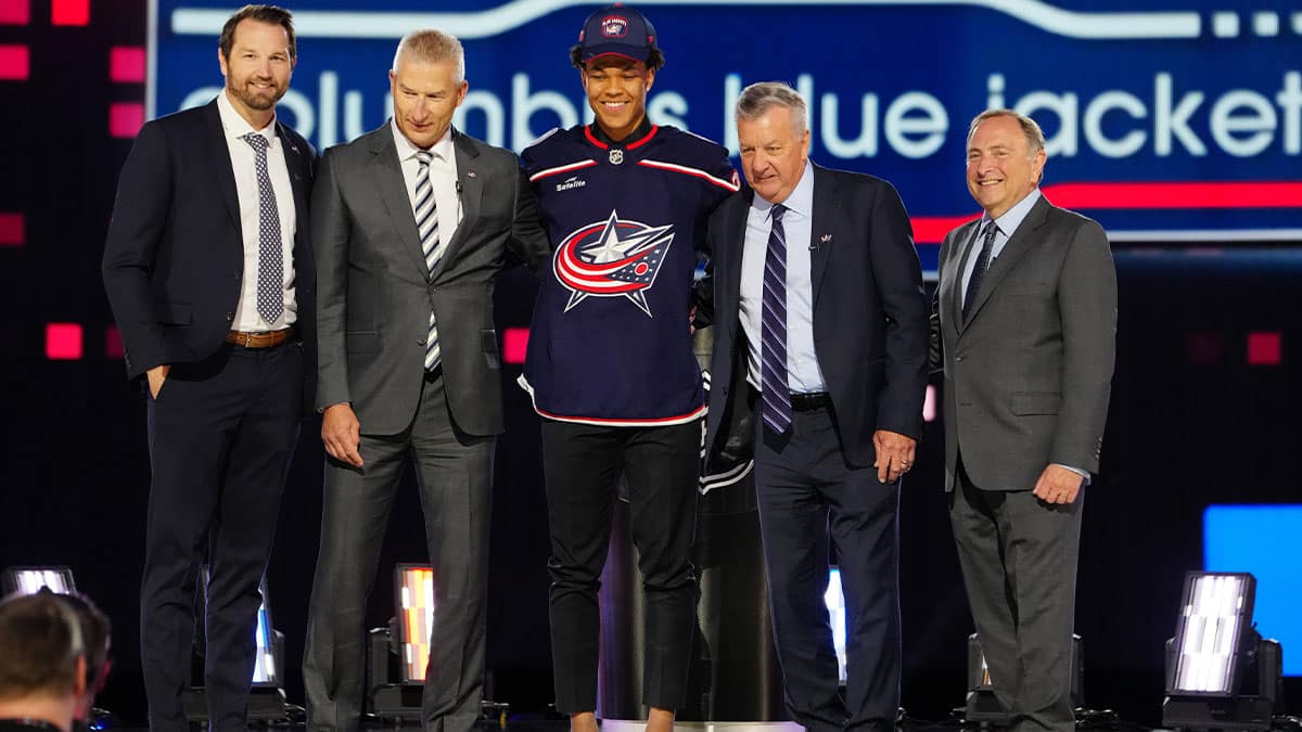 Cayden Lindstrom is selected with the 4th overall pick in the first round of the 2024 NHL Draft by the Columbus Blue Jackets at The Sphere.