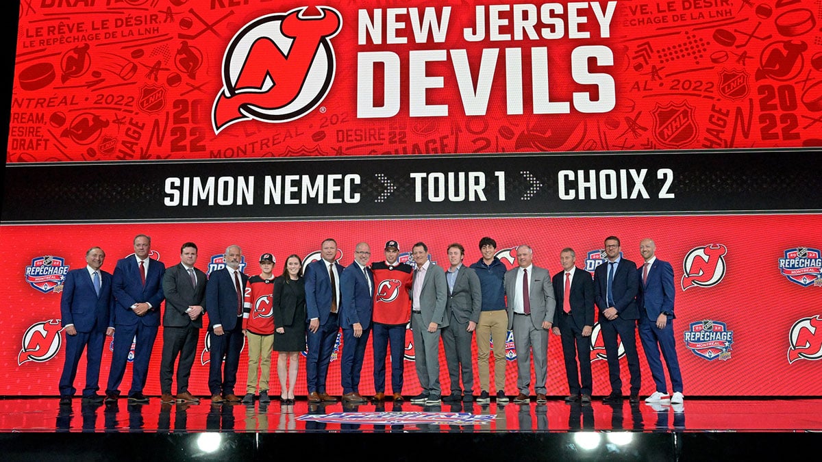 Simon Nemec after being selected as the number two overall pick to the New Jersey Devils in the first round of the 2022 NHL Draft at Bell Centre.