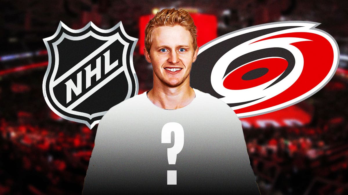 Jake Guentzel between NHL and Carolina Hurricanes logos