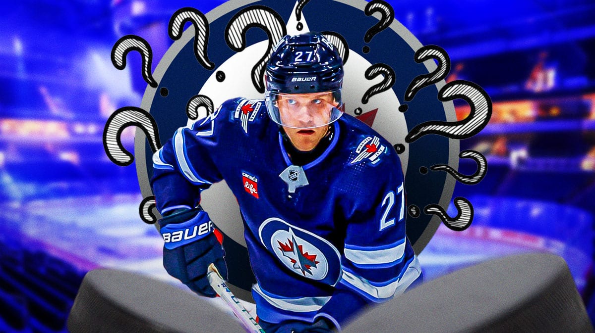 Nikolaj Ehlers in middle of image looking stern, Winnipeg Jets logo, 3-5 question marks, hockey rink in background