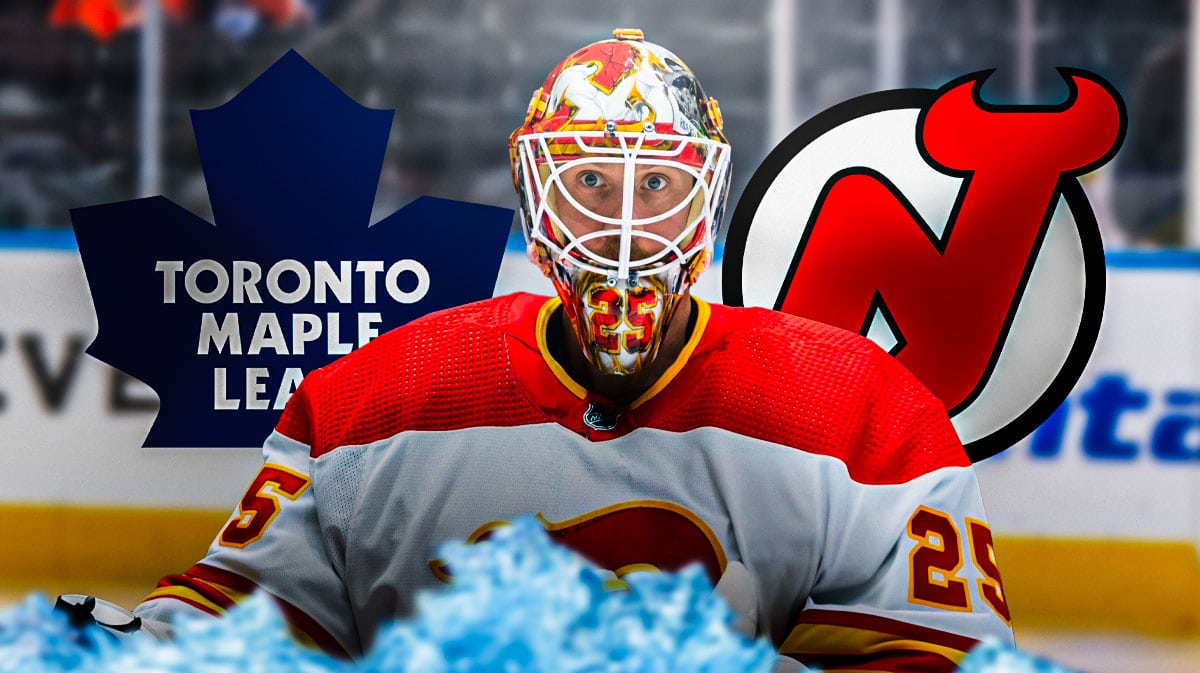 Toronto Maple Leafs logo prominent, Jacob Markstrom in the middle, New Jersey Devils logo