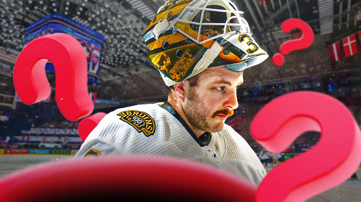 Linus Ullmark in middle of image looking stern, Ottawa Senators logo, hockey rink in background, 3-5 question marks