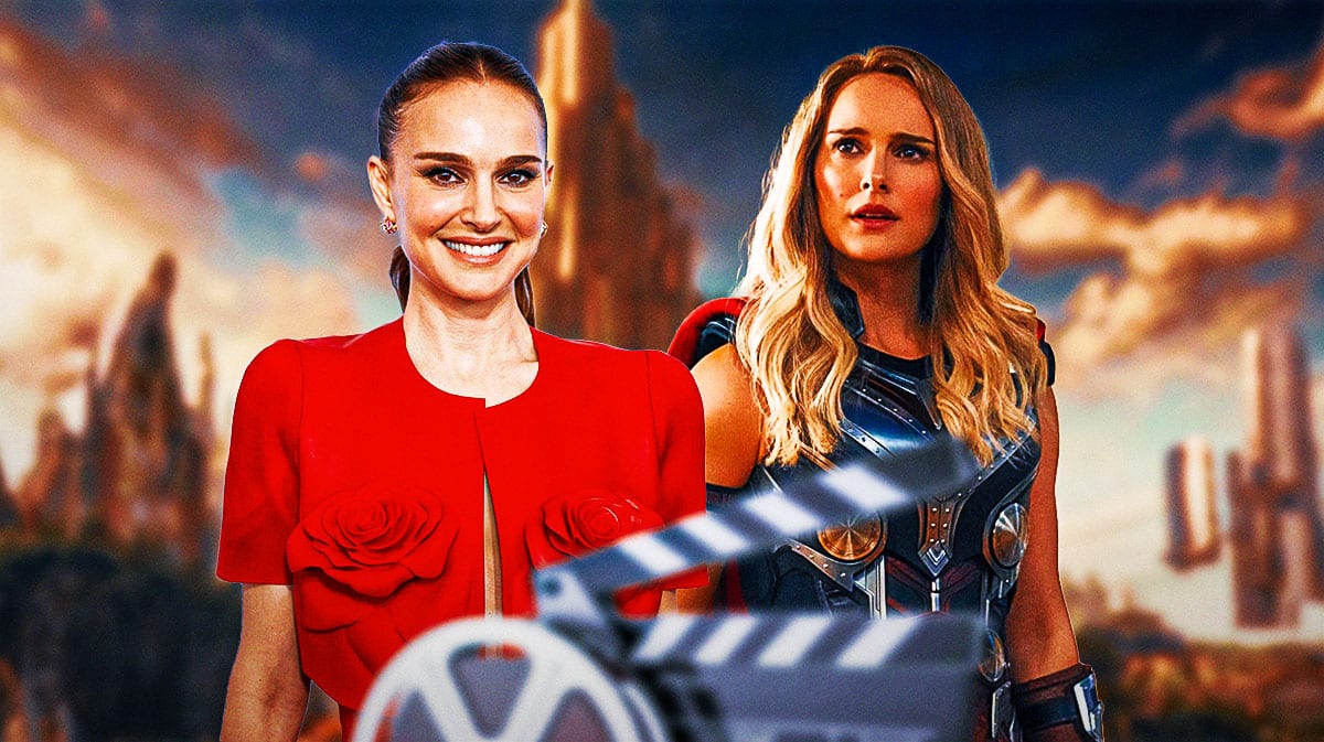 Natalie Portman next to Jane Foster/Mighty Thor in Love and Thunder with MCU Asgard background.