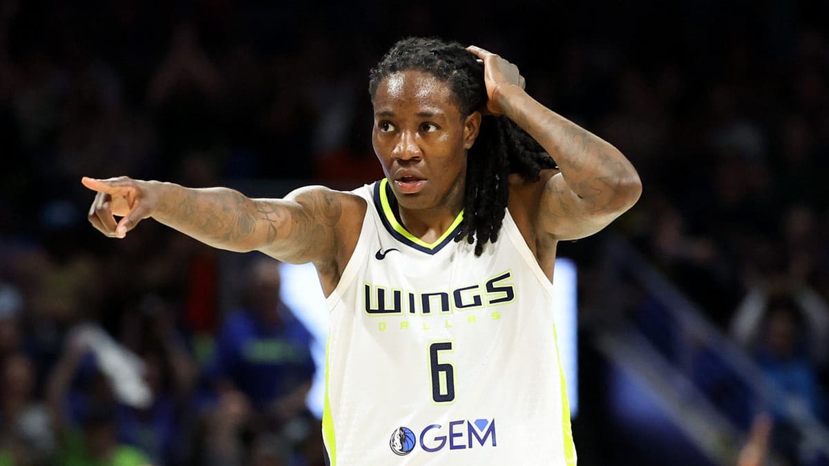 Dallas Wings forward Natasha Howard (6) reacts during the second half against the Indiana Fever at College Park Center.