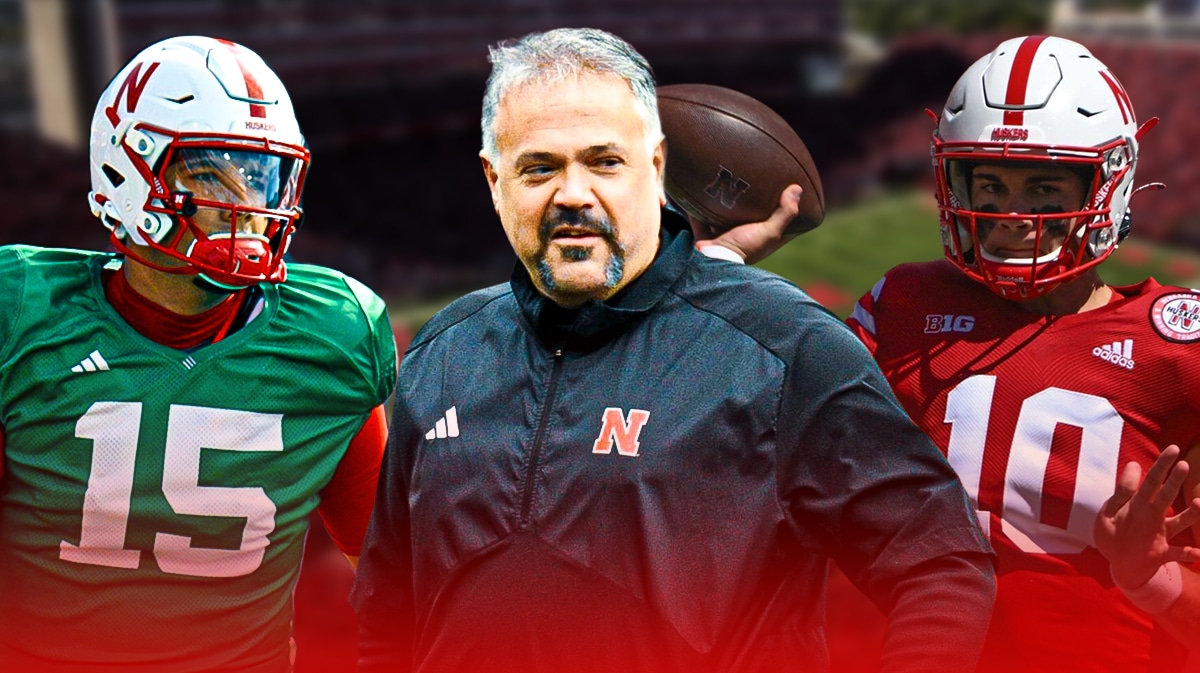 Nebraska football Matt Rhule with Cornhuskers QB1 candidates Dylan Raiola and Heinrich Haarberg