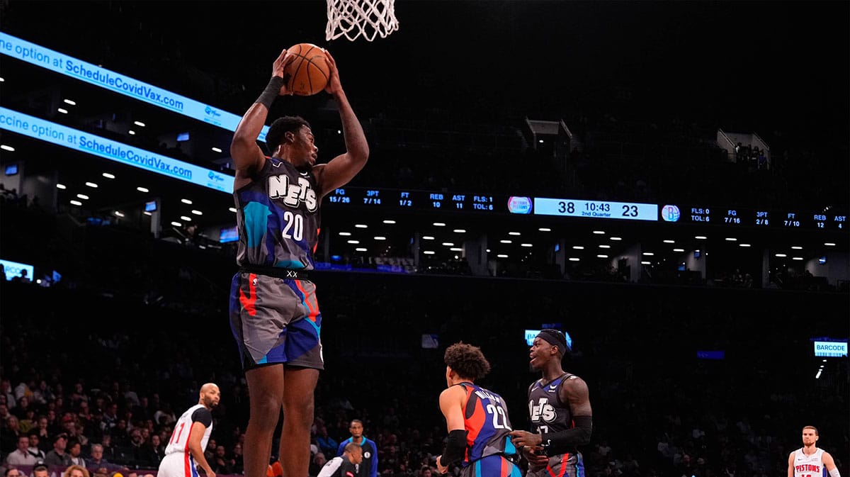 Brooklyn Nets point center Day'Ron Sharpe (20) grabs a rebound against the Detroit Pistons during the first half at Barclays Center. 