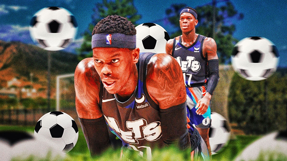 Photo: Dennis Schroder in Nets jersey in action with soccer balls around him