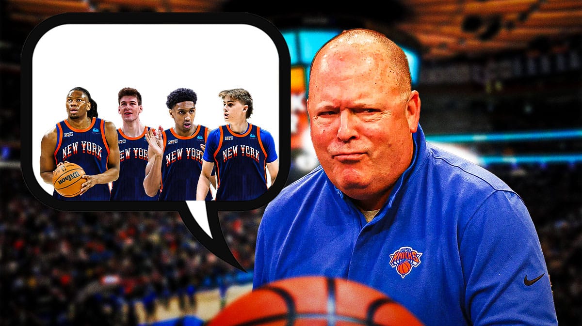 Picture of Leon Rose appearing contemplative with Jonathan Mogbo, Ryan Dunn, Kyle Flipowski, and Johnny Furphy all wearing Knicks jerseys and all appearing in a thought bubble coming out of Rose’s head.