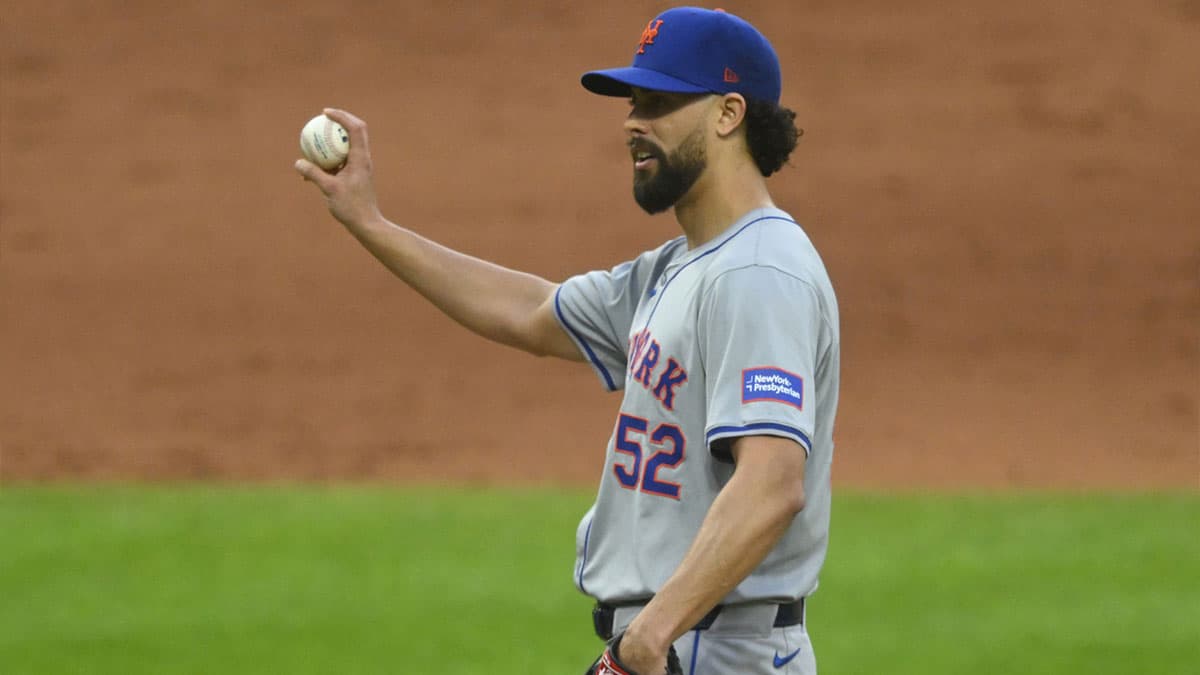 May 20, 2024; Cleveland, Ohio, USA; New York Mets relief pitcher Jorge Lopez (52) stands on the mound in the eighth inning against the Cleveland Guardians at Progressive Field. Mandatory Credit: David Richard-USA TODAY Sports