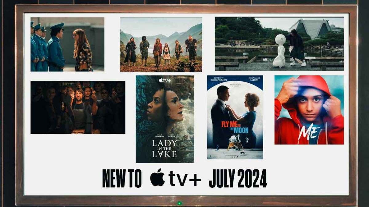 Screen cap of Women in Blue, Time Bandits, Sunny and Omnivore; posters of Lady in the Lake and Me; New to Apple TV+ July 2024