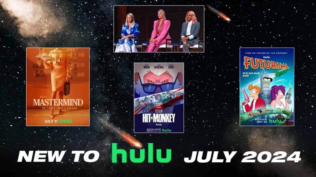 Clockwise from the top: Dress My Tour screen grab, Futurama, Hit Monkey, Mastermind; New to Hulu July 2024