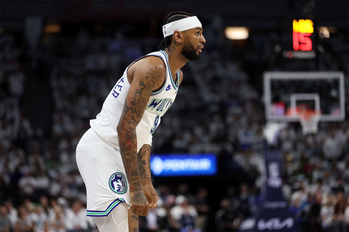 Minnesota Timberwolves guard Nickeil Alexander-Walker (9) looks on in the first quarter against the Dallas Mavericks during game two of the western conference finals for the 2024 NBA playoffs at Target Center.