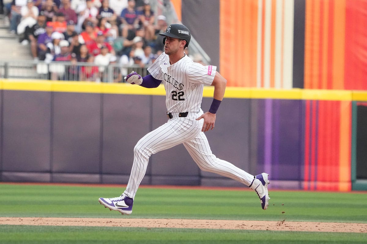 Colorado Rockies left fielder Nolan Jones (22) runs the bases against the Houston Astros during the MLB World Tour Mexico Series game at Estadio Alfredo Harp Helu.