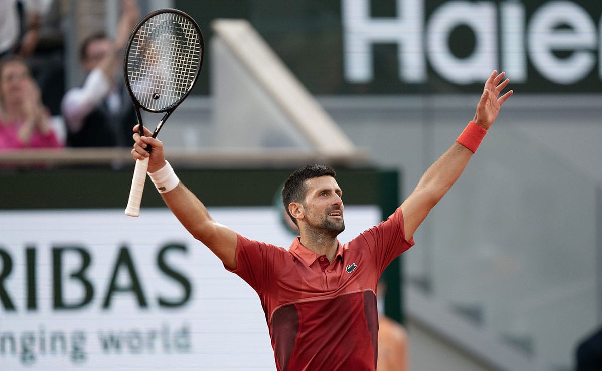Novak Djokovic of Serbia celebrates winning his match against Francisco Cerundolo of Argentina on day nine of Roland Garros at Stade Roland Garros.