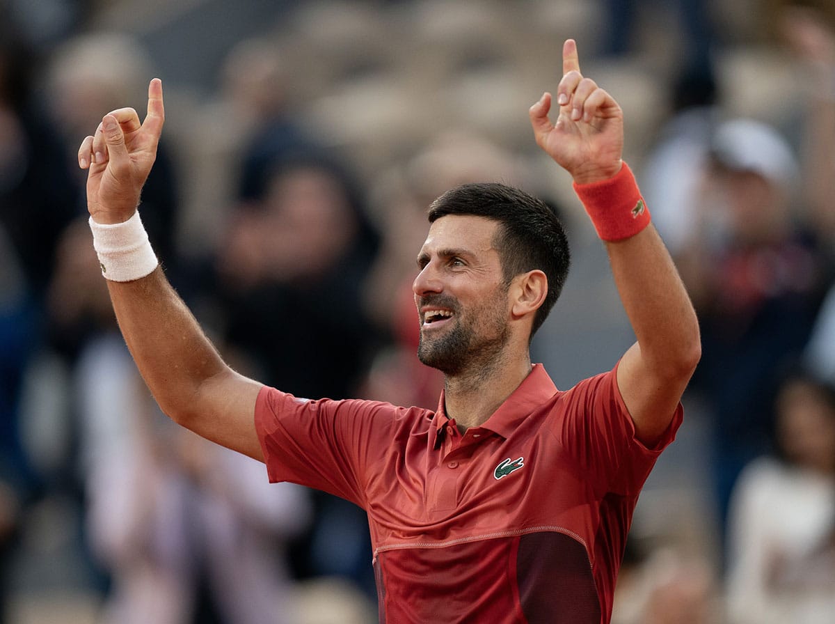  Novak Djokovic of Serbia celebrates winning his match against Francisco Cerundolo of Argentina on day nine of Roland Garros at Stade Roland Garros.