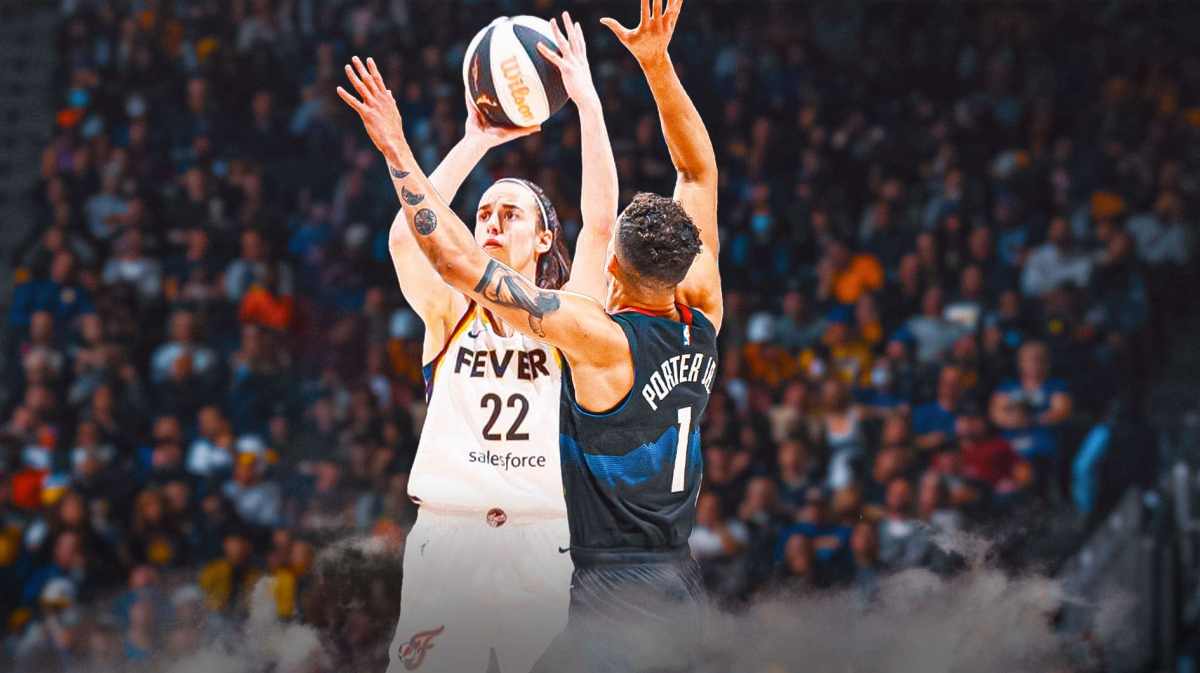 Michael Porter Jr. (Nuggets) challenging a Caitlin Clark (Fever) shot