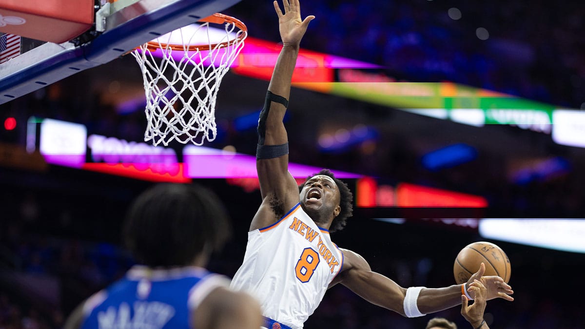 New York Knicks forward OG Anunoby (8) looses control of the ball while driving for a shot against the Philadelphia 76ers during the first half of game six of the first round for the 2024 NBA playoffs at Wells Fargo Center. 