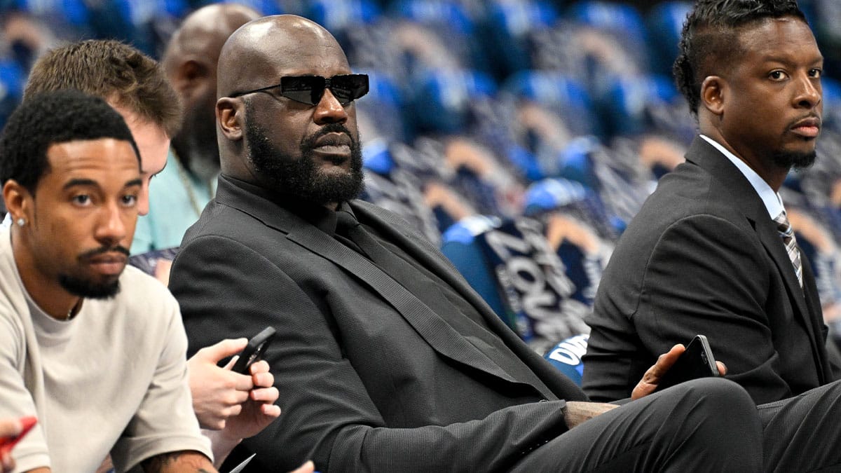 Shaquille O'Neal before the game between the Dallas Mavericks and the Minnesota Timberwolves in game three of the western conference finals for the 2024 NBA playoffs at American Airlines Center. Mandatory