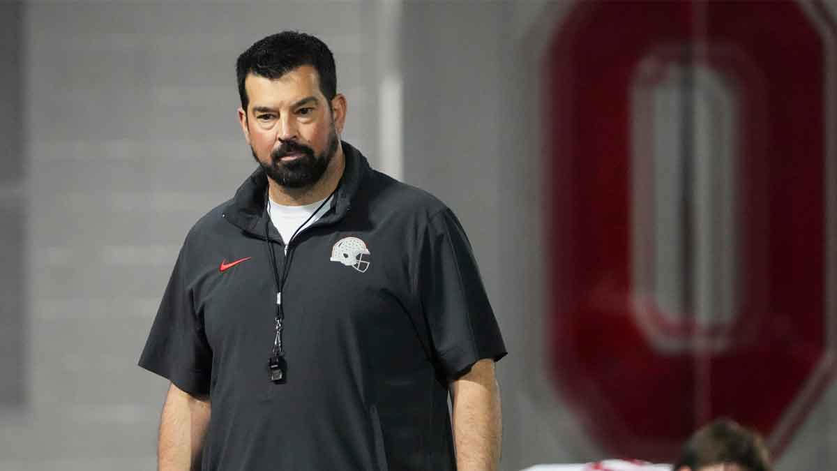 Mar 7, 2024; Columbus, OH, USA; Ohio State Buckeyes head coach Ryan Day watches players stretch during spring football practice at the Woody Hayes Athletic Center.