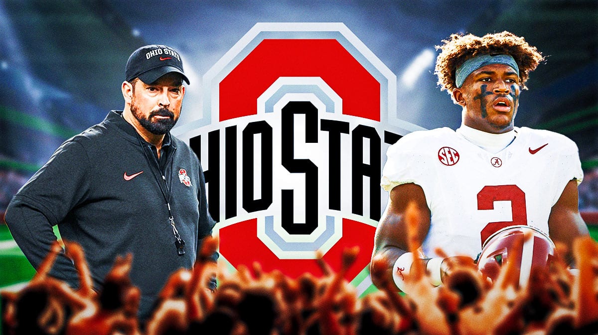 Ohio State's Ryan Day stands next to ex-Alabama football DB Caleb Downs, Urban Meyer in background