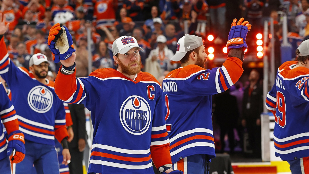 Edmonton Oilers forward Connor McDavid (97) /celebrates winning the Western Conference Championship in game six of the Western Conference Final of the 2024 Stanley Cup Playoffs at Rogers Place.