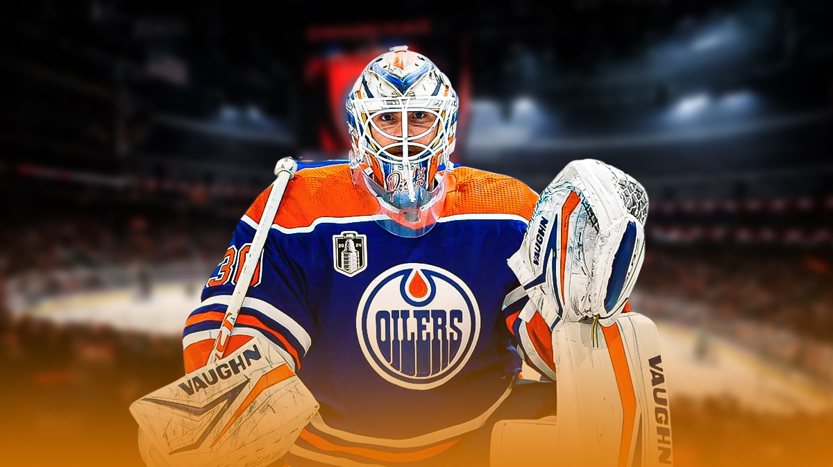 Photo: Calvin Pickard in Oilers jersey with money flying around him