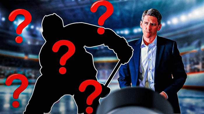Kris Knoblauch on one side, a silhouette of a hockey player on the other side, a bunch of question marks in the background