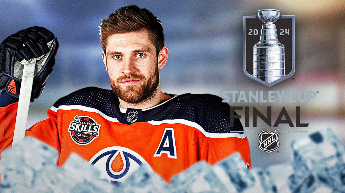 Edmonton Oilers forward Leon Draisaitl next to 2024 Stanley Cup Final logo