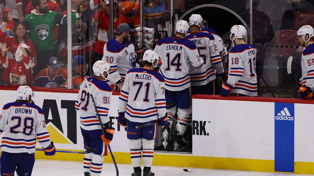  Edmonton Oilers leave the ice after the loss in during the third period against the Florida Panthers in game two of the 2024 Stanley Cup Final