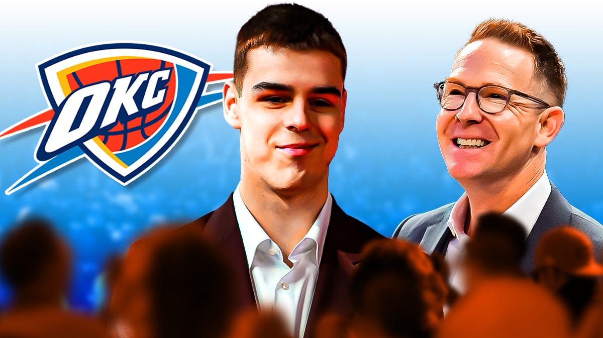 Nikola Topic smiling next to Sam Presti and OKC Thunder logo