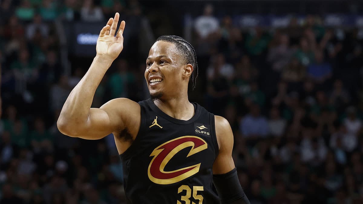 Cleveland Cavaliers forward Isaac Okoro (35) grimaces after missing a shot against the Boston Celtics during the second quarter of game one of the second round of the 2024 NBA playoffs at TD Garden.