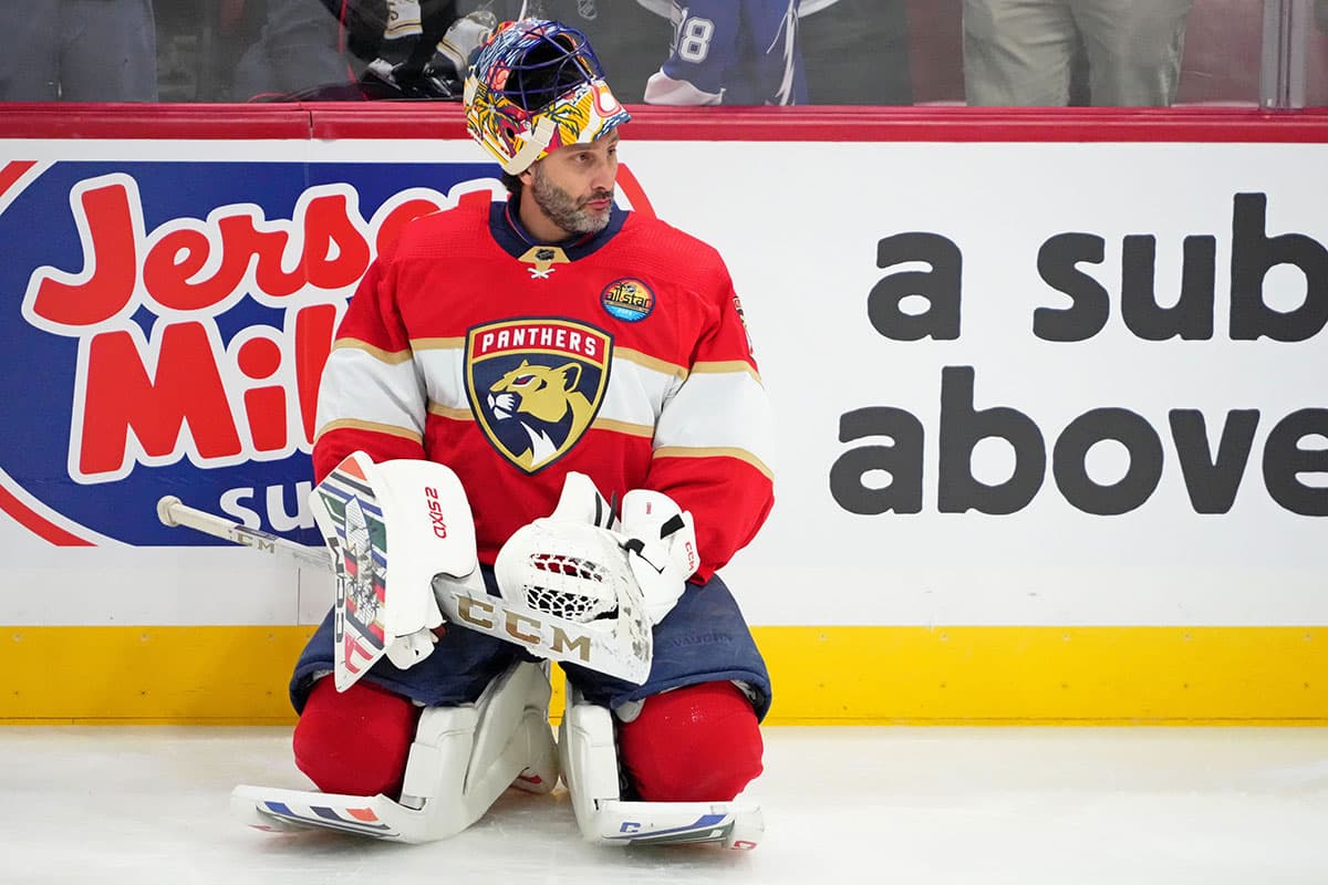 Celebrity goaltender and former Florida Panthers player Roberto Luongo during the 2023 NHL All-Star Skills Competition at FLA Live Arena.