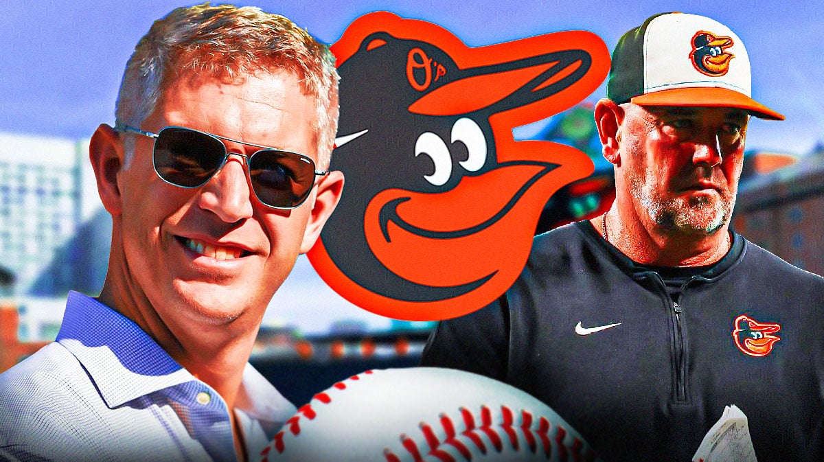 Mike Elias and Brandon Hyde next to an Orioles logo at Camden Yards