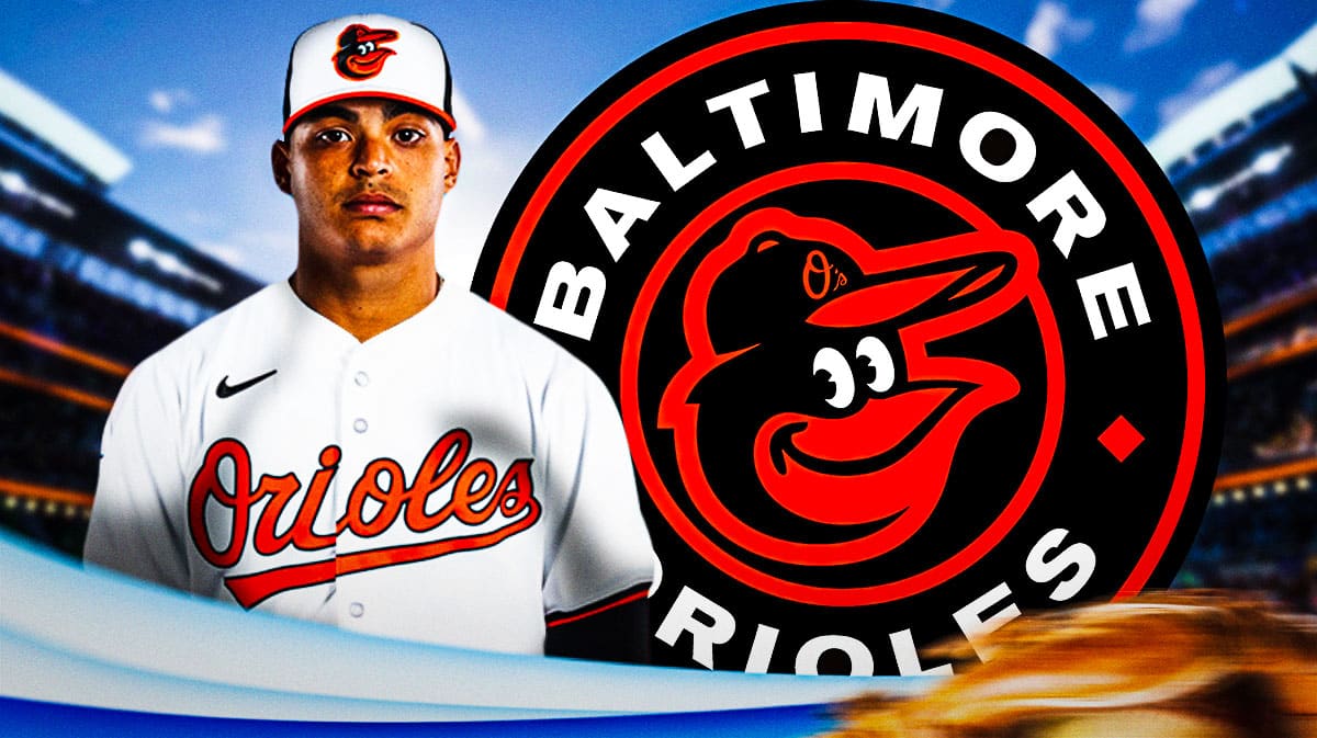 Jesus Luzardo in an Orioles jersey next to an Orioles logo