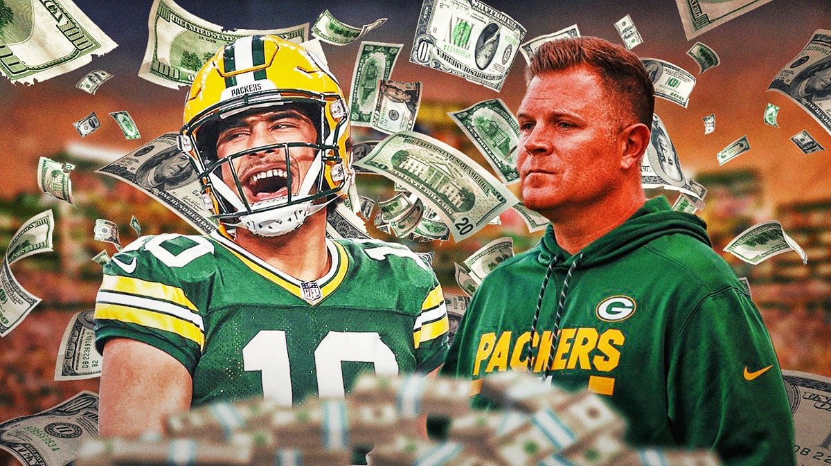 Jordan Love, Brian Gutekunst. Dollar bills flying around