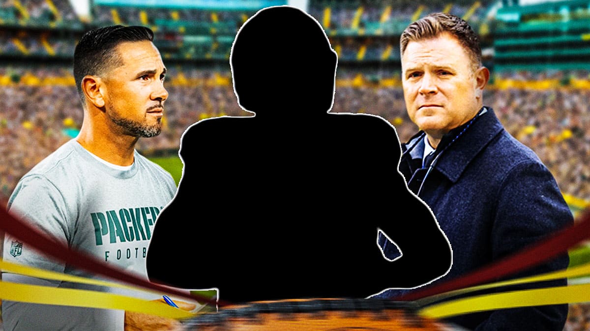 Matt LaFleur and Brian Gutekunst with mystery player silhouette. Lambeau Field in background