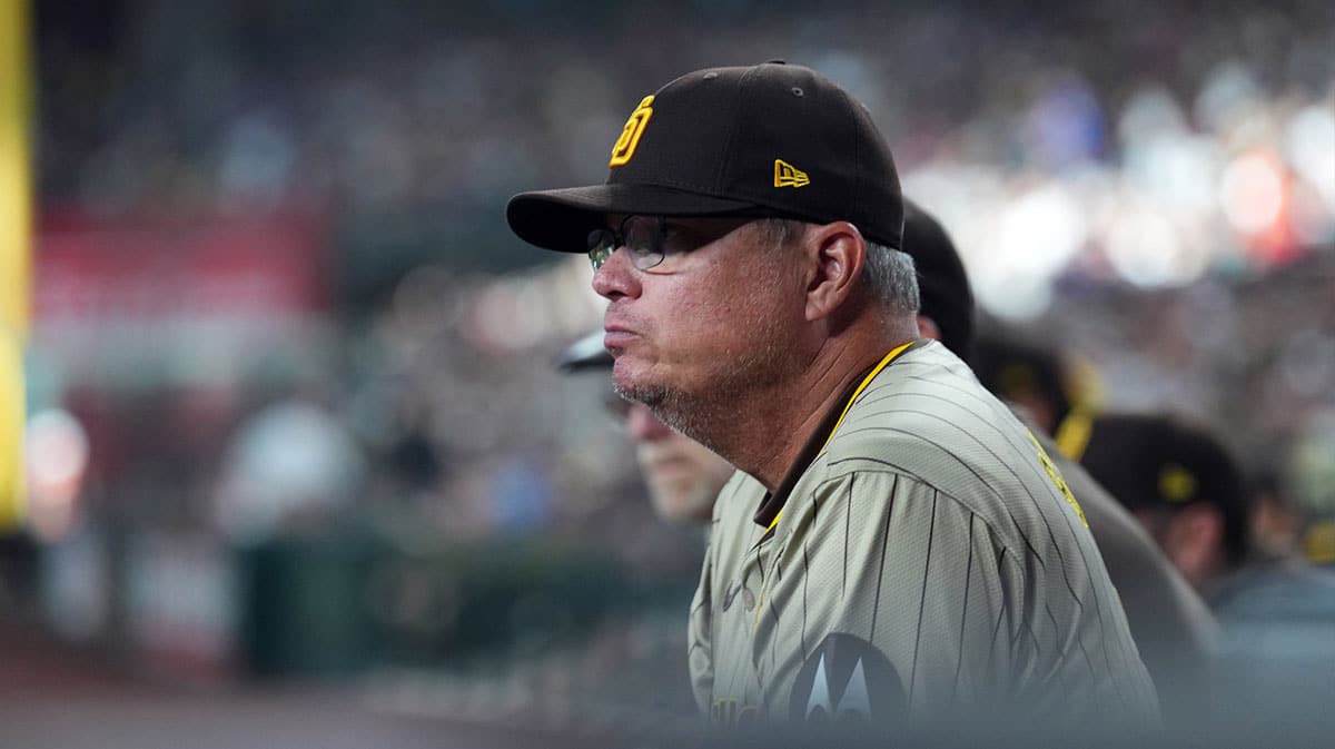 San Diego Padres manager Mike Shildt (8) looks on against the Arizona Diamondbacks during the third inning at Chase Field.