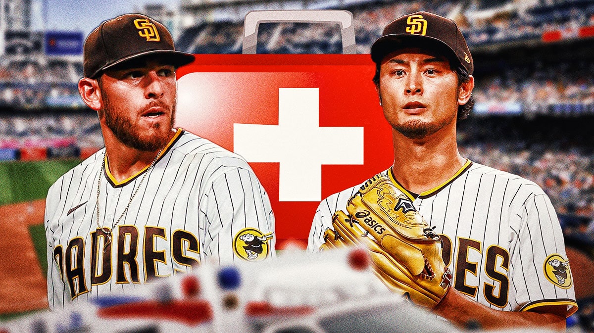 Photo: Joe Musgrove, Yu Darvish looking serious with medical kit beside him