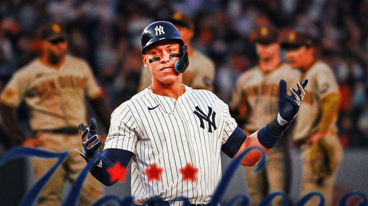 New York Yankees slugger Aaron Judge, with San Diego Padres players in the background.