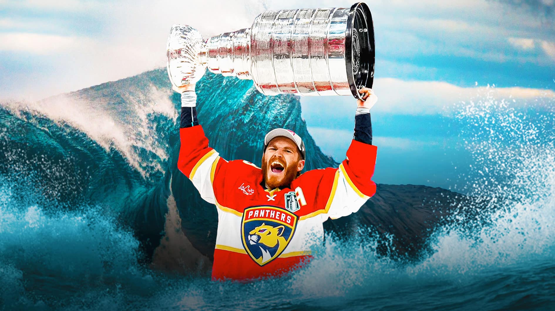 Photo: Matthew Tkachuk in Panthers jersey holding the Stanley Cup, have him in the ocean