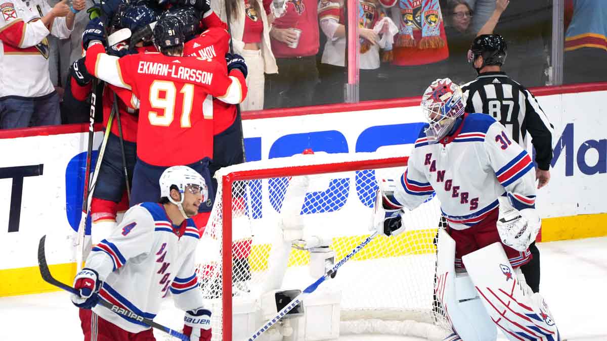 Florida Panthers right wing Vladimir Tarasenko (10) celebrates a goal with teammates during the third period as New York Rangers goaltender Igor Shesterkin (31) looks on in game six of the Eastern Conference Final of the 2024 Stanley Cup Playoffs at Amerant Bank Arena.