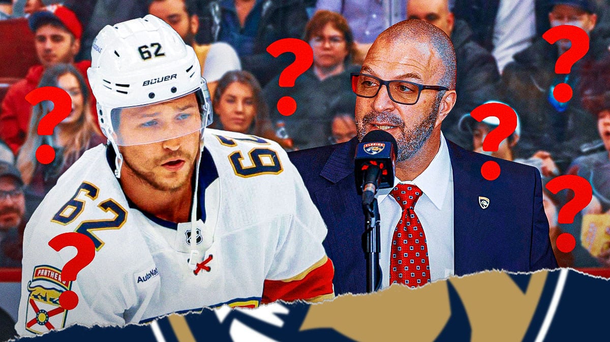 Brandon Montour in middle of image looking stern, Bill Zito in image, Florida Panthers logo, 3-5 question marks, hockey rink in background