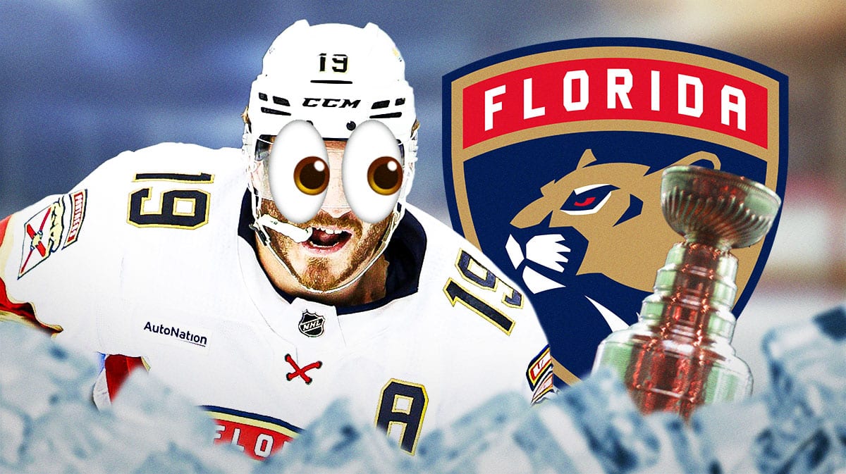 Florida Panthers winger Matthew Tkachuk with eyeballs emoji over his eyes looking at the Stanley Cup Trophy. There is also a logo for the Florida Panthers.
