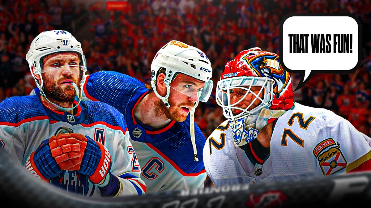 Sergei Bobrovsky on one side with a speech bubble that says "That was fun!", Connor McDavid and Leon Draisaitl on the other side