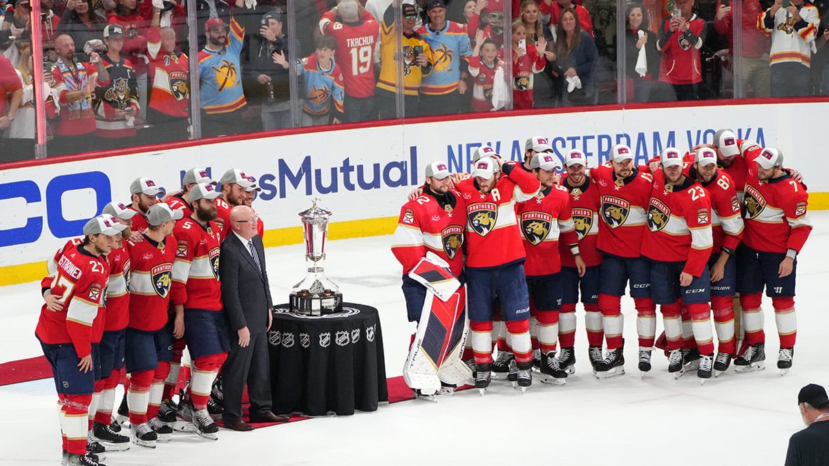 The Florida Panthers celebrate winning the Prince of Wales trophy following their close-out victory against the New York Rangers in game six of the Eastern Conference Final of the 2024 Stanley Cup Playoffs at Amerant Bank Arena.