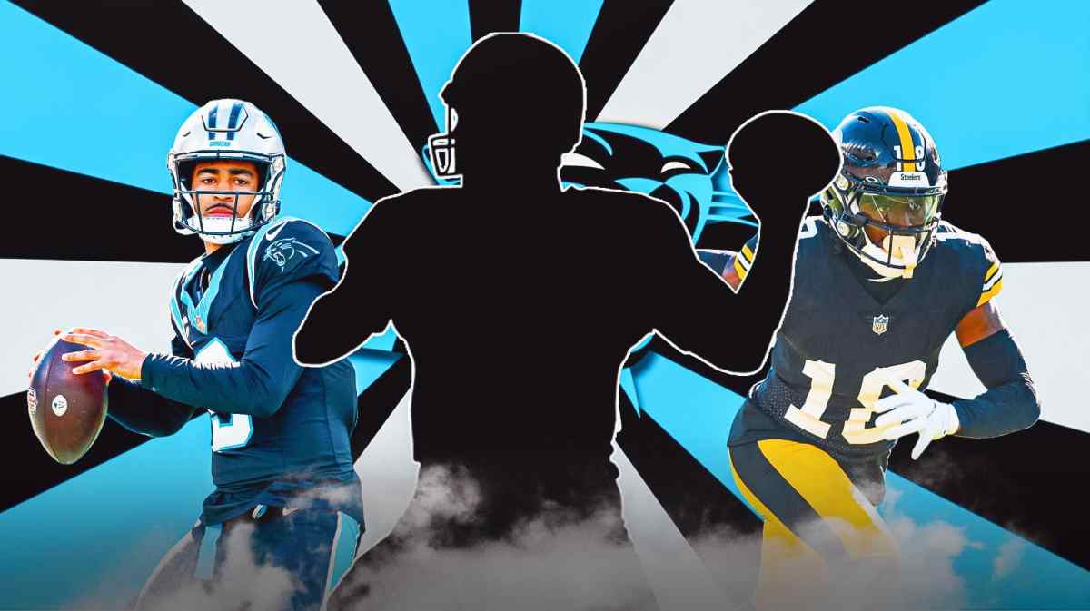 Mystery player in the middle, Bryce Young, Diontae Johnson around him, Carolina Panthers wallpaper in the background