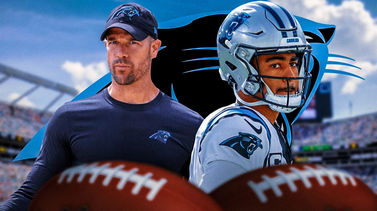 Carolina Panthers QB Bryce Young with head coach Dave Canales. There is also a logo for the Carolina Panthers.