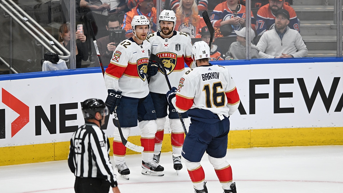 Florida Panthers center Sam Reinhart (13) celebrates a goal with defenseman Gustav Forsling (42) and center Aleksander Barkov (16) in the first period against the Edmonton Oilers in game three of the 2024 Stanley Cup Final at Rogers Place.