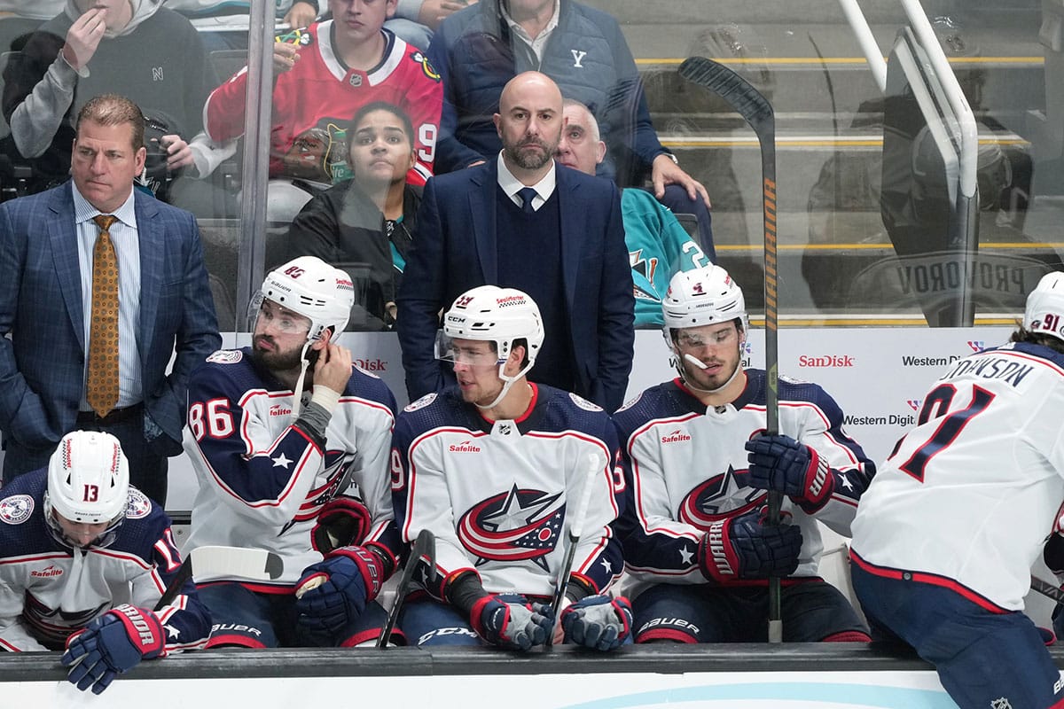 Columbus Blue Jackets head coach Pascal Vincent (center) stands behind the bench during the third period against the San Jose Sharks at SAP Center at San Jose